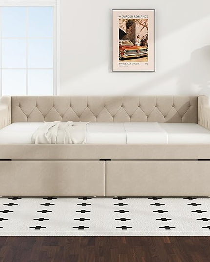 Full Size Velvet Upholstered Tufted Daybed with 2 Drawers,Modern Wood Bed Frame w/Armrests,Slat Support,No Box Spring Needed,Daybeds for Apartment,Bedroom,Guest Room,Beige - LeafyLoom