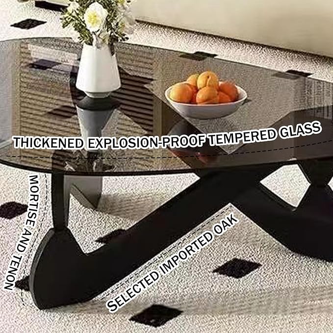 Triangle Coffee Table Glass Coffee Table for Living Room Clear Glass Coffee Table with Solid Wood Base Mid Century Modern Coffee Table for Small Spaces (Black-Brown, 35.8in) - LeafyLoom