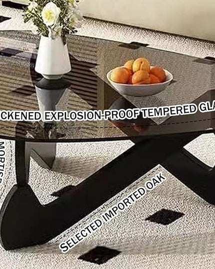 Mid-Century Modern Triangle Coffee Table, Clear Glass with Solid Wood Base, Black-Transparent, 32.3in - LeafyLoom