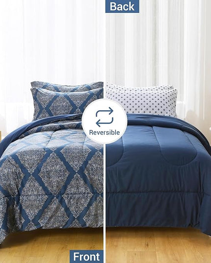Printed Queen Bedding Sets with Comforter and Sheets, 7 Piece Bed in A Bag Comforter Set with Fluffy Microfiber, Vintage Navy Blue Plaid Paisley Pattern - LeafyLoom