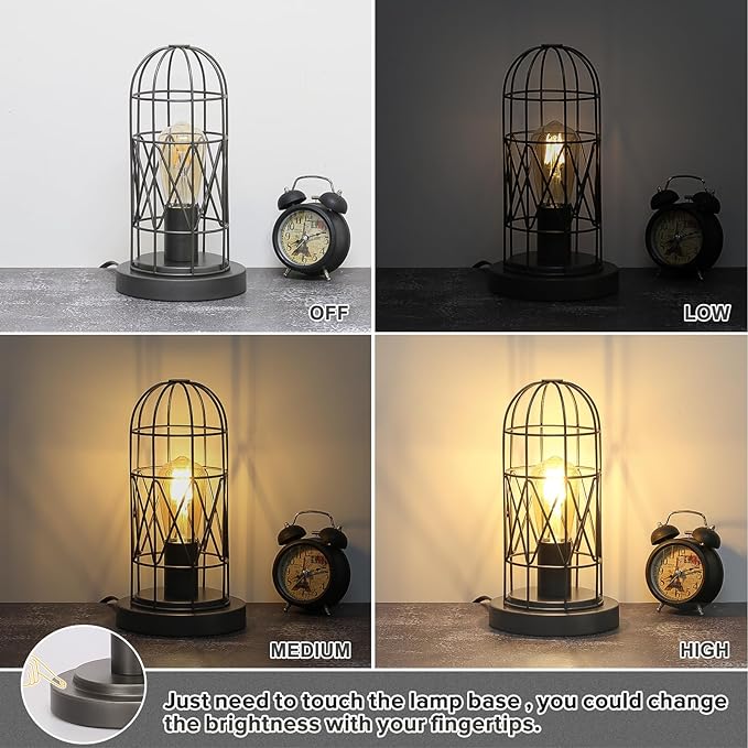 Small Industrial Lamp, Touch Control 3 Way Dimmable Table Lamp, Rustic Iron Steampunk Edison Lamp Vintage Nightstand Lamp Bedside Light for Bedroom Living Room, Corner, Hallway, LED Bulb Included - LeafyLoom