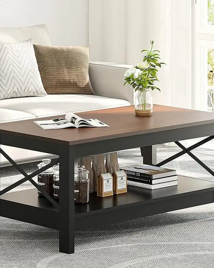 YITAHOME Coffee Table for Living Room,Modern Farmhouse Coffee Table with Storage,2-Tier Center Table for Living Room Wood Living Room Table Accent Cocktail with Sturdy Frame,Brown and Black - LeafyLoom