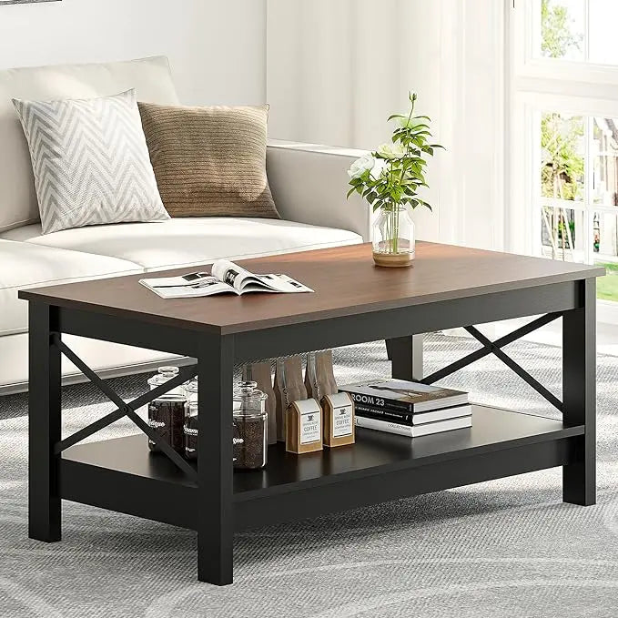 YITAHOME Coffee Table for Living Room,Modern Farmhouse Coffee Table with Storage,2-Tier Center Table for Living Room Wood Living Room Table Accent Cocktail with Sturdy Frame,Brown and Black - LeafyLoom