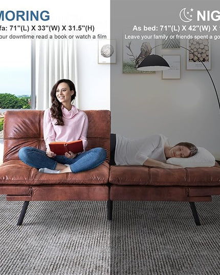 MUUEGM Futon Couch Bed Sleeper Convertible Modern Memory Foam Love seat,Faux Leather Foldable Daybed for Living Room Office Apartment,Adjustable Armrest&Backrest Sofas, Light Brown - LeafyLoom