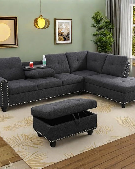 L Shaped Sofa with Ottoman Modern Nail-Head Design Linen Facing Sectional Couches with Cup Holder for Living Room, Bedroom, Office, Dark Grey with Right Chaise - LeafyLoom