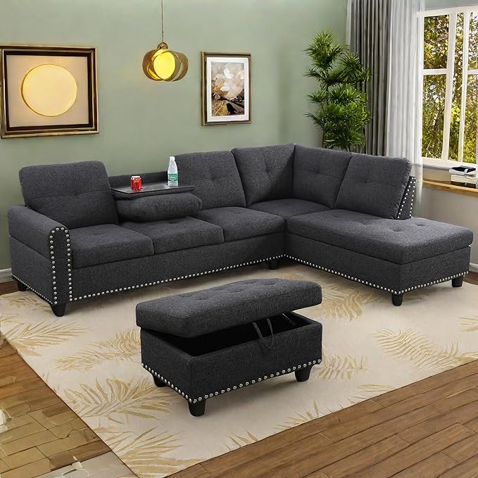 L Shaped Sofa with Ottoman Modern Nail-Head Design Linen Facing Sectional Couches with Cup Holder for Living Room, Bedroom, Office, Dark Grey with Right Chaise - LeafyLoom