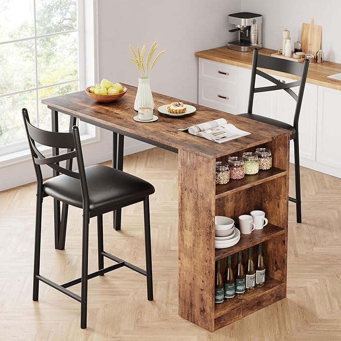 GAOMON Dining Table Set for 2, Kitchen Bar Table and Chairs Set for 2, 3PCS Kitchen Table Set with 2 Upholstered Chairs, Expandable Counter Height Bar Table Set with 3 Storage, Rustic Brown - LeafyLoom