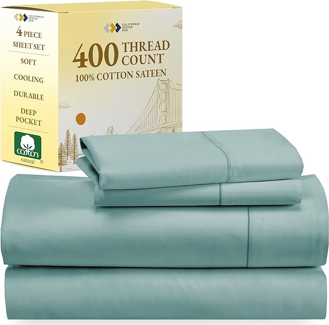 California Design Den 400 Thread Count 100% Cotton Sheets, King Size Sheet Set, 4 Piece Luxury Sheets & Pillowcases, Breathable Bedding for King Bed, Sateen, King Bed Sheets, Deep Pockets (Teal) - LeafyLoom