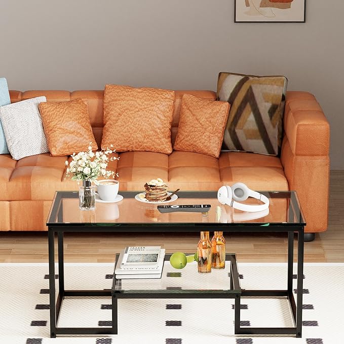 Coffee Table Black Glass Coffee Table for Living Room,2 Tiers Rectangle Center Table with Sturdy Metal Frame,Modern Tempered Glass Accent Table for Bedroom Home Office - LeafyLoom