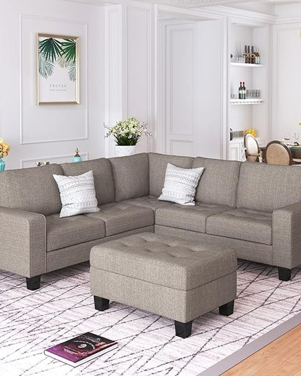Sectional Couch Modular 5 Seater, Combination Corner, Linen L-Shaped Sofa, Saving Design with Storage Footrest and Cup Holder, for Large Space Dormitory Apartments, Brown - LeafyLoom