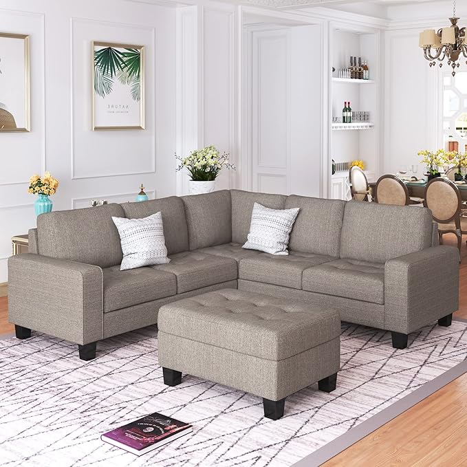 Sectional Couch Modular 5 Seater, Combination Corner, Linen L-Shaped Sofa, Saving Design with Storage Footrest and Cup Holder, for Large Space Dormitory Apartments, Brown - LeafyLoom