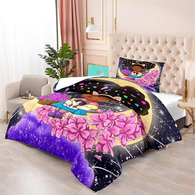 Black Girls Twin Comforter Set for Girls Teens Adults Twin Size Comforter Sets African Girl Comforter Set Cute Afro Princess Bedding Set Girls Bedroom Set, 1 Comforter + 1 Pillowcase - LeafyLoom