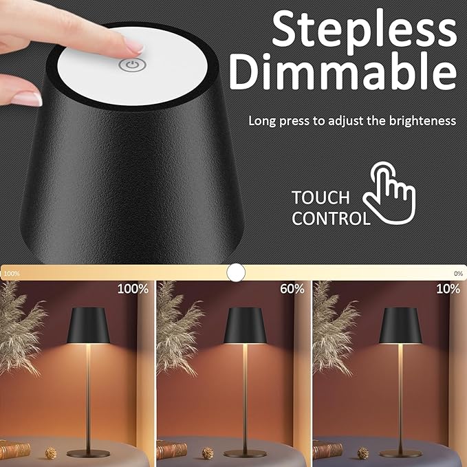 2 Pack Dimmable Table Lamp 3000k Warm White, IP54 Wireless Bottle Lamp for Indoor and Outdoor, 5000 mAh Rechargeable Table Lamp for Family, Restaurant & Bar(Black) - LeafyLoom