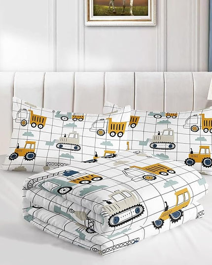 Datura home Construction Truck Comforter Set for Boys Kids Children, Machinery Excavators Vehicles Cartoon Tractor Bedding with 1 and 2 Pillowcases(Construction Queen 90x90inches) - LeafyLoom