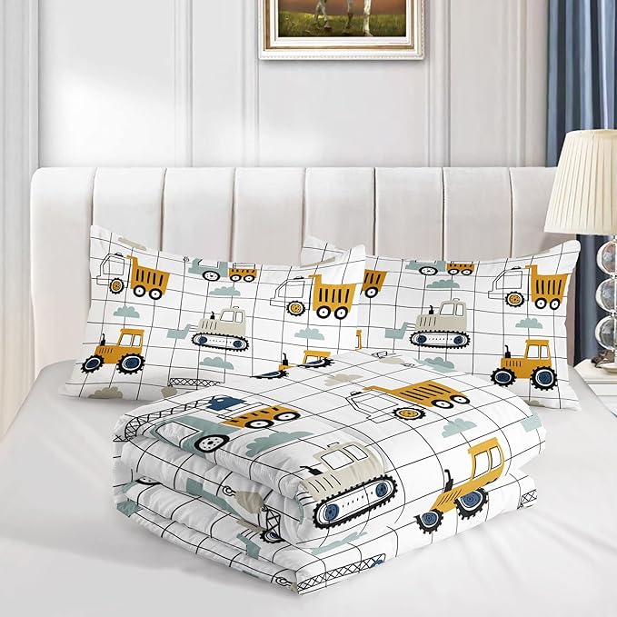 Datura home Construction Truck Comforter Set for Boys Kids Children,Machinery Truck Excavators Vehicles Cartoon Tractor Bedding Set with 1 Comforter and 2 Pillowcases(Construction Truck Twin) 68x86in - LeafyLoom