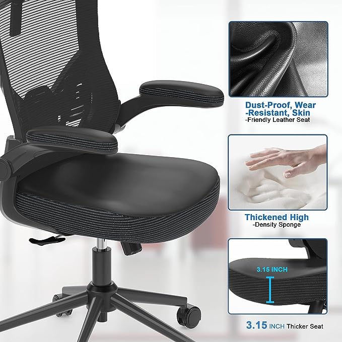 𝑯𝑶𝑴𝑬 𝑶𝑭𝑭𝑰𝑪𝑬 𝑪𝑯𝑨𝑰𝑹, Ergonomic Mesh Desk Chair, High Back Computer Chair- Adjustable Headrest with Flip-Up Arms, Lumbar Support, Swivel Executive Task Chair (Modern, Black) - LeafyLoom