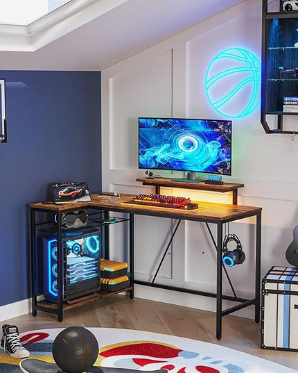 Bestier 52 Gaming Desk with Power Outlet & USB Ports,Reversible Small L Shaped Computer Desk with LED Strip & Headset Hooks,Corner Desk for Small Home Office Spaces,Bedroom Rustic - LeafyLoom