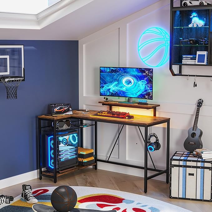 Bestier 52 Gaming Desk with Power Outlet & USB Ports,Reversible Small L Shaped Computer Desk with LED Strip & Headset Hooks,Corner Desk for Small Home Office Spaces,Bedroom Rustic - LeafyLoom