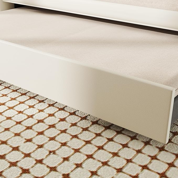 Full Size Daybed, Upholstered Tufted Sofa Bed with Trundle, Daybed with Button & Copper Nail on Square Arms, Full Daybed with Twin Trundle, White - LeafyLoom