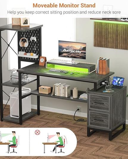 Computer Desk with 2 Fabric Drawers - Reversible Home Office Desk with Power Outlet & LED Lights, 53" Writing Desk with Monitor Stand & Storage Shelves, Gaming Desk Study Table with Pegboard, Grey Oak - LeafyLoom