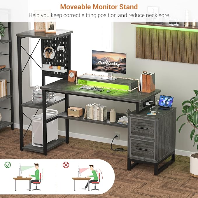 Computer Desk with 2 Fabric Drawers - Reversible Home Office Desk with Power Outlet & LED Lights, 53" Writing Desk with Monitor Stand & Storage Shelves, Gaming Desk Study Table with Pegboard, Grey Oak - LeafyLoom