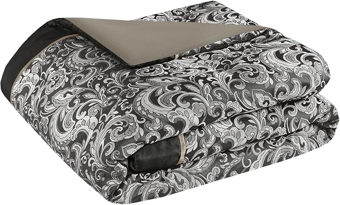 Madison Park Essentials Brystol 24 Piece Room in a Bag Faux Silk Comforter Jacquard Paisley Design Matching Curtains Down Alternative All Season Bedding-Set, Queen(90 in x 90 in), Black 24 Piece - LeafyLoom