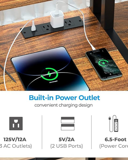 GreenForest 55 inch Computer Desk with Drawers and Outlets, Home Office Desk with Storage and Printer Shelf, Work Desk with Fabric File Drawer, Study Desk with Monitor Stand, Computer Table, Walnut - LeafyLoom