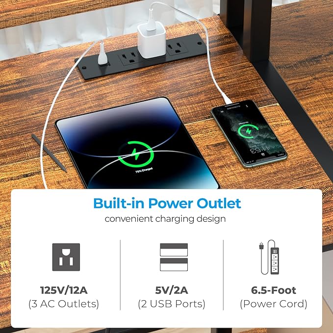 GreenForest 55 inch Computer Desk with Drawers and Outlets, Home Office Desk with Storage and Printer Shelf, Work Desk with Fabric File Drawer, Study Desk with Monitor Stand, Computer Table, Walnut - LeafyLoom