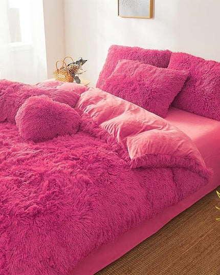FOPPA Hot pink fluffy Comforter Cover Set king- Ultra Soft fluffy hot pink Bedding Sets 3 Pieces (1 Duvet Cover + 2 Pillow case) hot pink fluffy bed set (Hot pink, King) - LeafyLoom