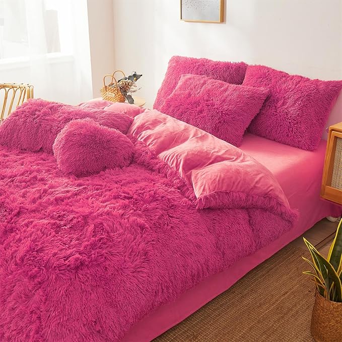 Fluffy hot pink comforters Cover twin size - Ultra Soft Plush hot pink bedding Sets 2 Pieces (1 faux fur comforter Cover + 1 fuzzy pillow case) girls shaggy hot pink twin bed set (Hot Pink, Twin) - LeafyLoom