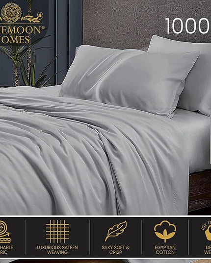 1000 Thread Count Egyptian Cotton Sheets - Luxury Sheets King Size Egyptian Cotton Sheets, 4Pc Sateen Weave King Sheets, Hotel Sheets & Pillowcase Set, 18" Deep Pocket King Sheet Set - Light Grey - LeafyLoom