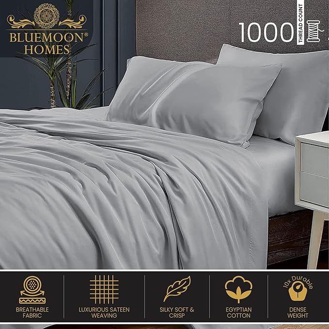 1000 Thread Count Egyptian Cotton Sheets - Luxury Sheets King Size Egyptian Cotton Sheets, 4Pc Sateen Weave King Sheets, Hotel Sheets & Pillowcase Set, 18" Deep Pocket King Sheet Set - Light Grey - LeafyLoom