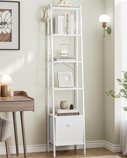 Narrow Bookshelf Bookcase with Drawer, Ladder Shelf with 2 Hooks, Bookshelves Storage Organizer, Freestanding Display Standing for Home Office, Bedroom, 6 Tier White BC19613W - LeafyLoom