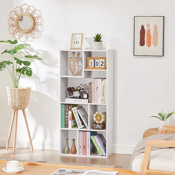 VECELO 42" Modern White Bookshelf, 7 Cube Organizer Bookcase,Fits Tallest Hardcovers, Horizontal Available,Floor Standing Display,Easy Assembly, Pearl White - LeafyLoom