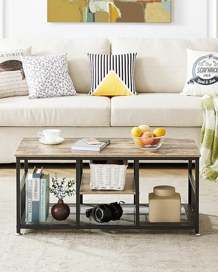 VECELO Coffee Center Table with Storage for Living Room Office Reception, Modern & Industrial Mesh Shelf, 39.4 Inch, Grey - LeafyLoom