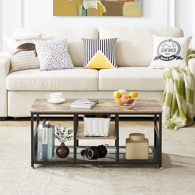 VECELO Coffee Center Table with Storage for Living Room Office Reception, Modern & Industrial Mesh Shelf, 39.4 Inch, Grey - LeafyLoom