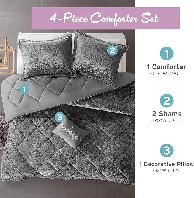 Intelligent Design King Comforter Set, Velvet Comforter Set , Luxury Diamond Quilting Comforter Set, Fluffy Comforter Bed Set with Decorative Pillowand 2 Shams, 4 Piece Grey, King/ Cal King - LeafyLoom
