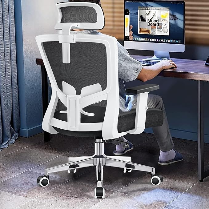 Office Chair, Ergonomic Desk Chair High Back Computer Chair Swivel Mesh Task Chair with Adjustable Lumbar Support Armrests Headrest White - LeafyLoom
