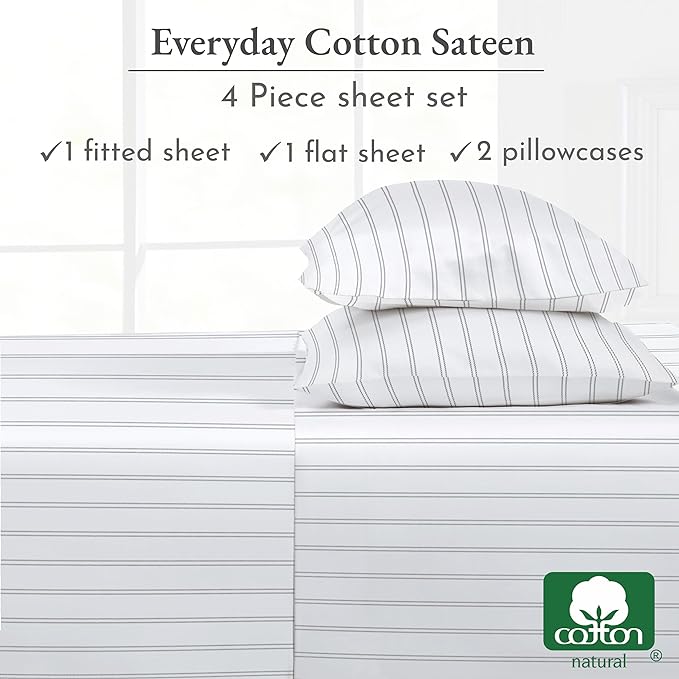 California Design Den Stripe Sheets Queen Size, 100% Cotton Sateen Printed Pattern, 4 Pc Deep Pocket Queen Sheets & Pillowcase Set - Classic Stripe - LeafyLoom