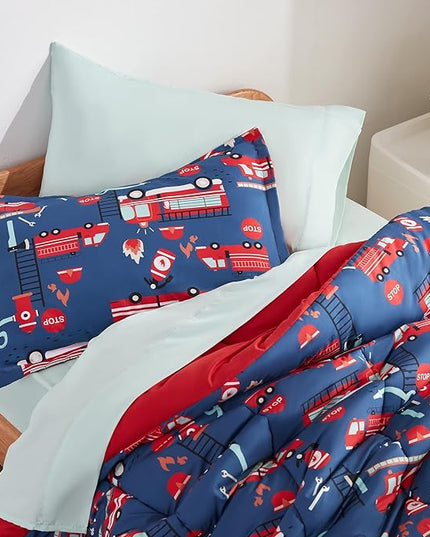 SLEEP ZONE Kids Bedding Comforter Set Full/Queen Size - Super Soft & Cute Printed 3-Piece Comforter Set All Seasons for Boys, Girls, Fade Resistant, Machine Washable, Fire Truck - LeafyLoom