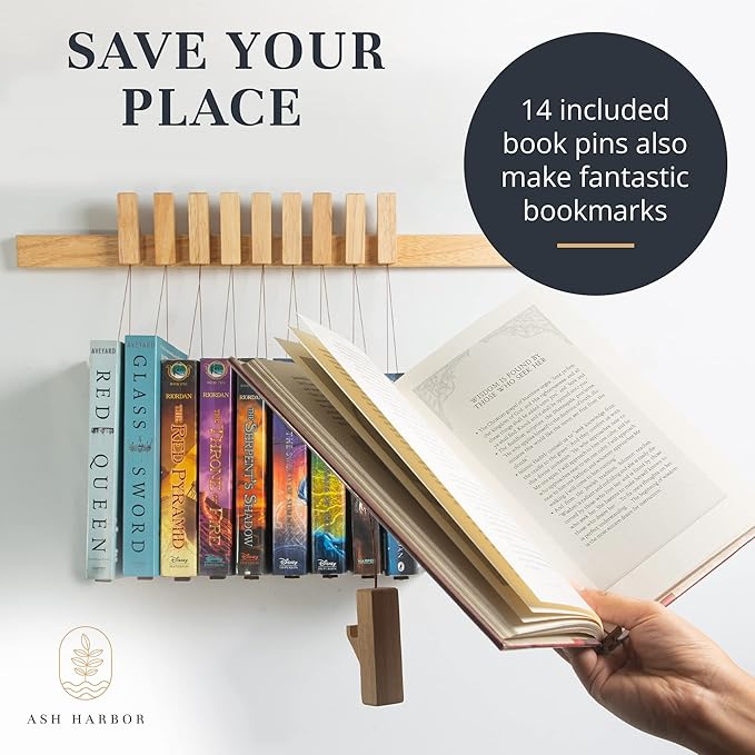 Floating Wall Bookshelf - Wall Mounted Book Organizer with Included Bookmarks - Hardwood Hanging Bookshelf for Bedroom, Living Room, or Kitchen - A Thoughtful Gift for Book Lovers (Natural) - LeafyLoom