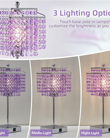Luvkczc Bedside Crystal Table Lamp, Touch Crystal Lamps with USB C+A Ports, 3-Way Dimmable Purple Lamp with Crystal Shade for Girl Bedroom, Living Room, 6W B11 Bulb Included - LeafyLoom