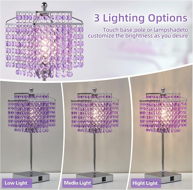 Luvkczc Bedside Crystal Table Lamp, Touch Crystal Lamps with USB C+A Ports, 3-Way Dimmable Purple Lamp with Crystal Shade for Girl Bedroom, Living Room, 6W B11 Bulb Included - LeafyLoom