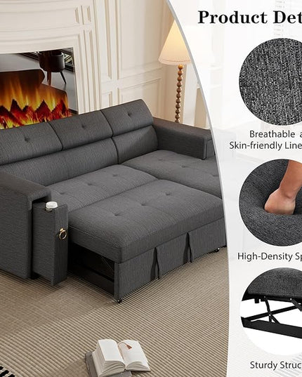 96“ L-Shape Sectional Sleeper Sofa with Pull out Bed, Adjustable Headrest &Storage Chaise, Linen Upholstered Convertible Couch w/Wireless Charging &Cup Holders, for Living Room Apartment - LeafyLoom