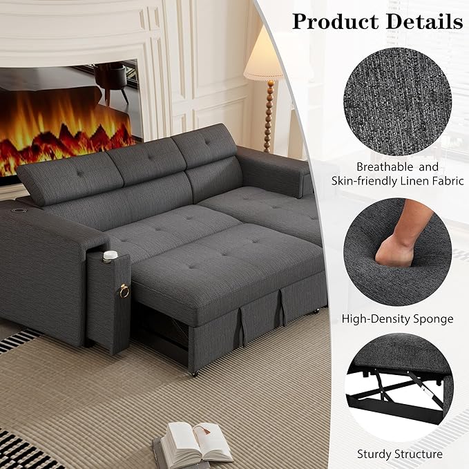 96“ L-Shape Sectional Sleeper Sofa with Pull out Bed, Adjustable Headrest &Storage Chaise, Linen Upholstered Convertible Couch w/Wireless Charging &Cup Holders, for Living Room Apartment - LeafyLoom