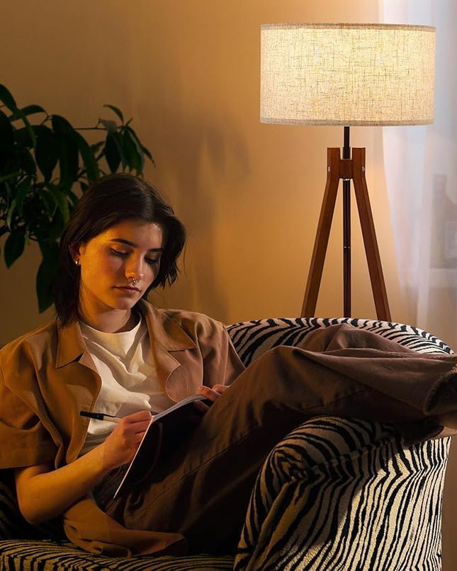 ELYONA Wood Tripod Floor Lamp, Mid Century Reading Standing Lamp with 3 Color Temperatures & Linen Shade, Modern Night Light for Bedroom, Farmhouse, Living Room, Office, 9W LED Bulb Included, Brown - LeafyLoom