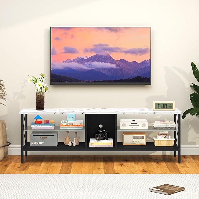 Clikuutory 63 Inch Marble Texture TV Stand with LED Lights for 40 50 55 60 65 70 Inch TVs, 3Tier Modern Metal Television Stands with Entertainment Center and Storage for Living Room, Bedroom, White - LeafyLoom
