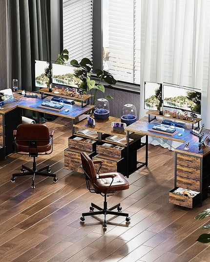 Unikito Reversible L Shaped Computer Desk with Fabric File Drawers, 70.8" Large Office Desk with RGB LED Lights & Power Outlets & Monitor Stand & CPU Stand, Sturdy Corner Gaming Desk, Rustic Brown - LeafyLoom