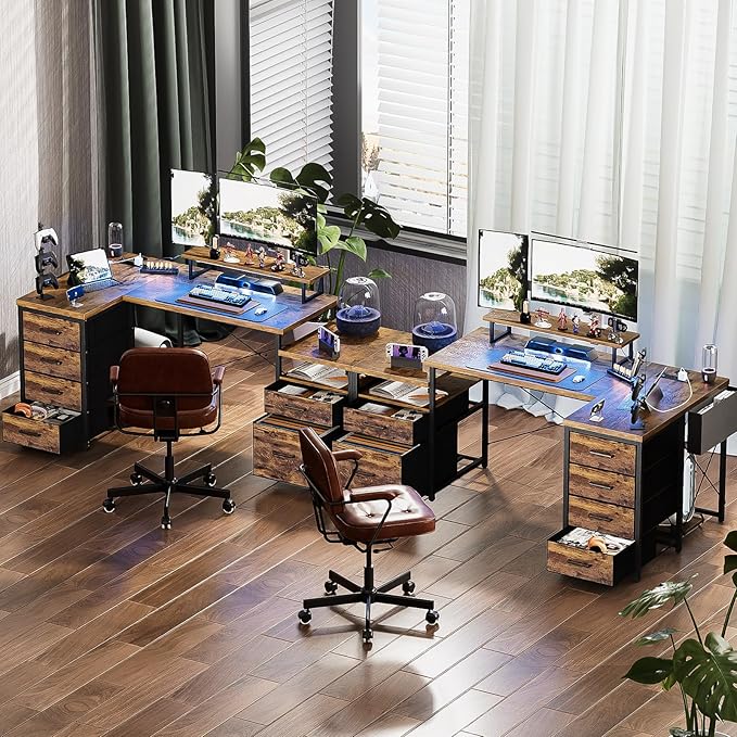 Unikito Reversible L Shaped Computer Desk with Fabric File Drawers, 70.8" Large Office Desk with RGB LED Lights & Power Outlets & Monitor Stand & CPU Stand, Sturdy Corner Gaming Desk, Rustic Brown - LeafyLoom