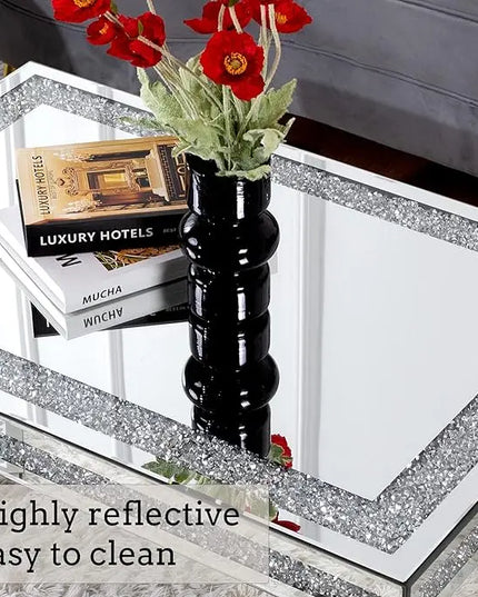 Silver Coffee Table with Crystals Inlay, 35 inches Modern Contemporary Accent Side or Coffee Table for Living Room with Mirrored Finished - LeafyLoom